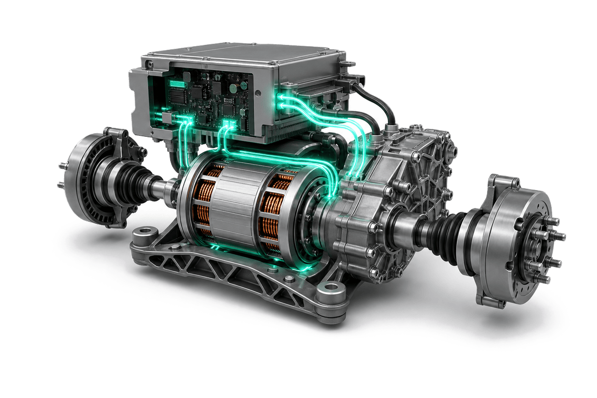 EV drivetrain with traction motor, inverter, gearbox, axle assembly, and teal magnetic flux paths