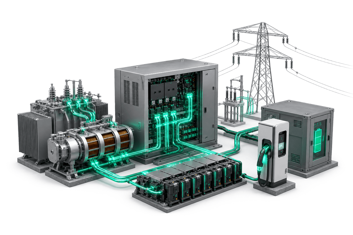 Grid electrification infrastructure with renewable generation, battery storage, EV charging and active magnetic power conversion