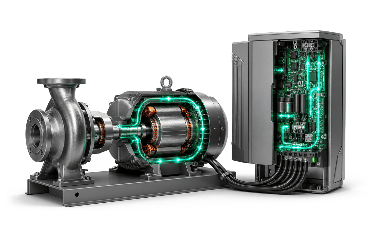 Industrial motor drive with pump, motor, VFD cabinet, copper windings, and teal magnetic flux paths