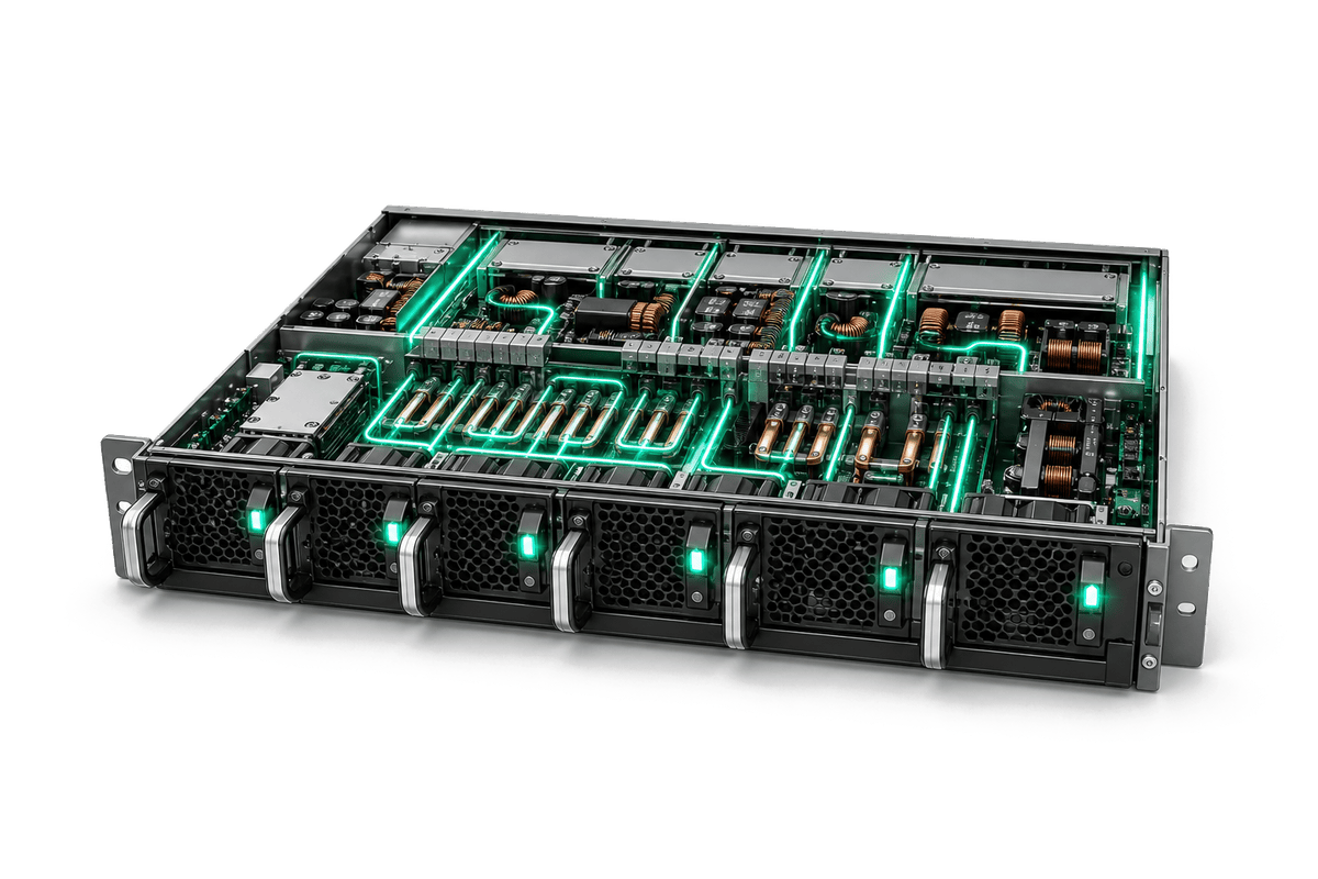 AI data-center PSU and 48/54 volt power shelf with active magnetic conversion