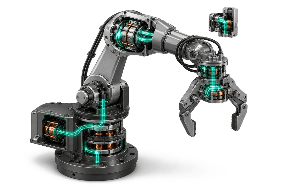 Robotic arm, magnetic gripper and specialised actuator using controlled magnetic flux for force control