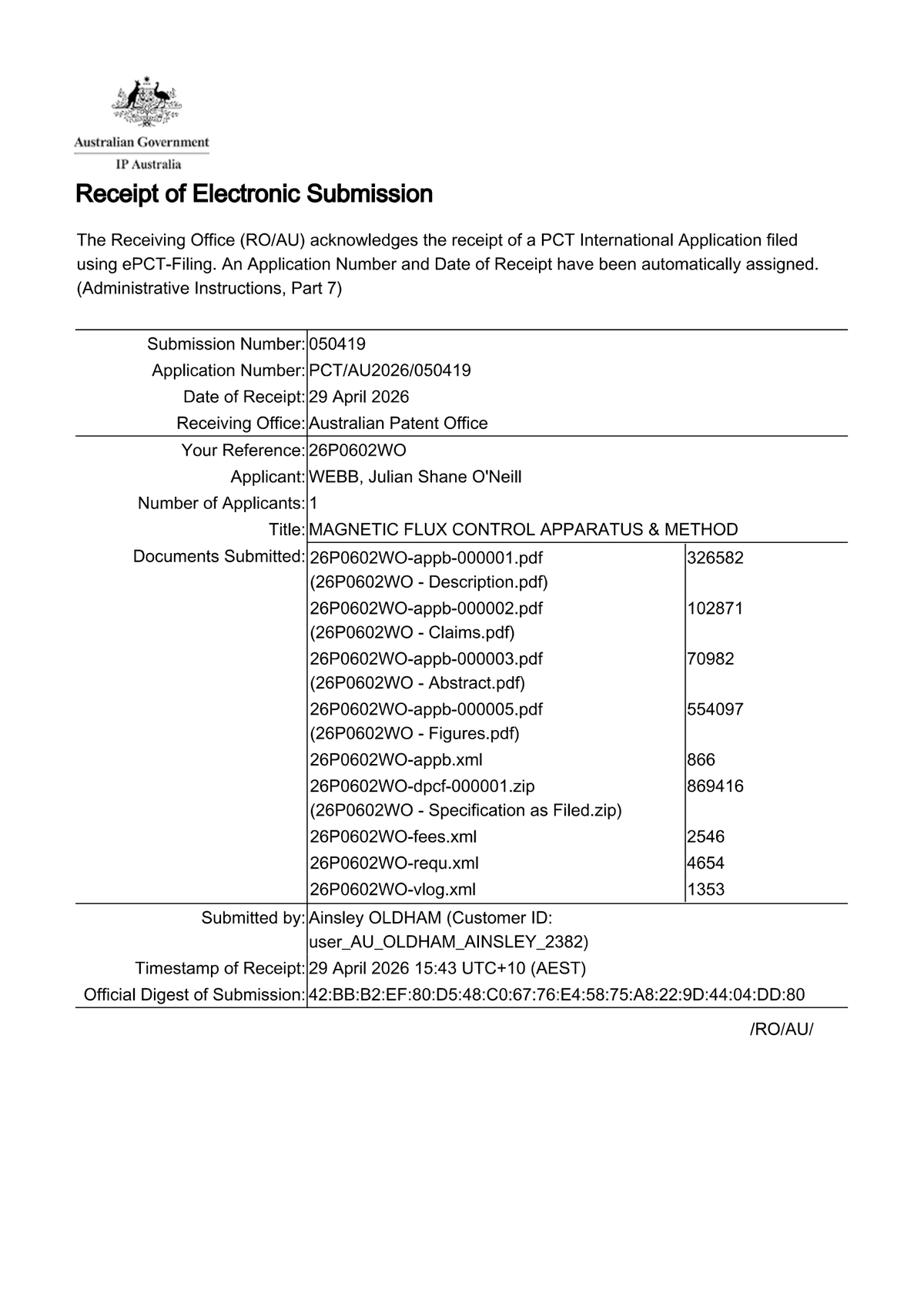 IP Australia receipt of electronic submission for PCT/AU2026/050419